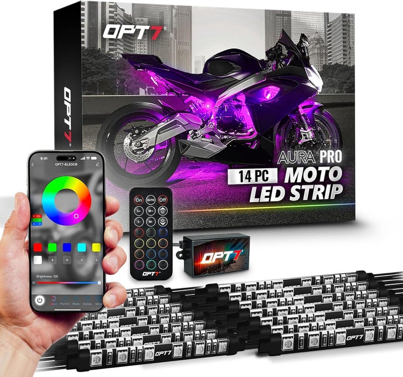 OPT7 Aura Pro 14pcs Motorcycle RGB LED Strip Lights with App & Remote Control, Multi-Color & Music Sync Neon Accent Bike Underglow Lighting Kit, 12V Handle Switch for Harley Honda Yamaha Kawasaki - Image 1